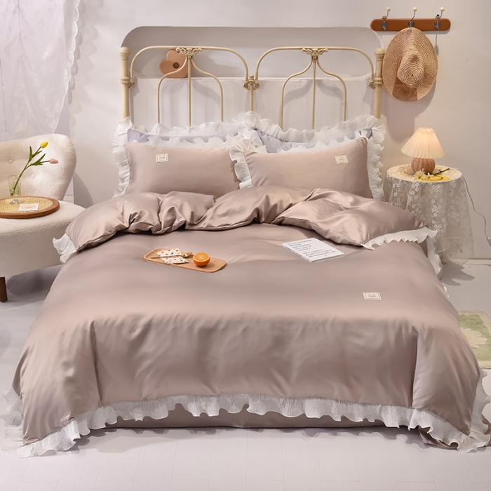 91家纺网 家纺一手货源 找家纺 艾米 2025新款水洗真丝雪纺花边揽梦系列四件套 香槟