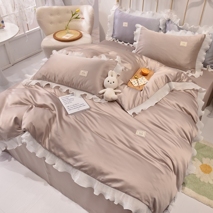 91家纺网 家纺一手货源 找家纺 艾米 2025新款水洗真丝雪纺花边揽梦系列四件套 香槟