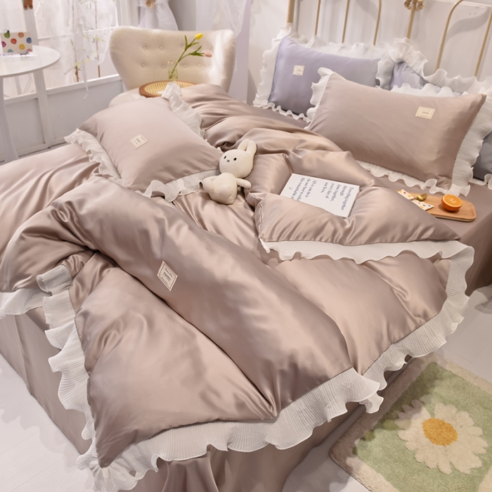 91家纺网 家纺一手货源 找家纺 艾米 2025新款水洗真丝雪纺花边揽梦系列四件套 香槟