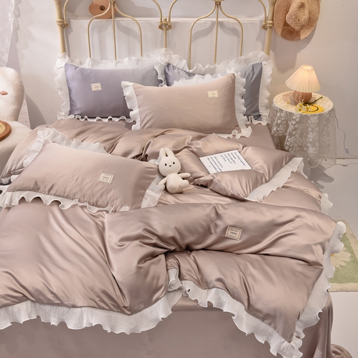 91家纺网 家纺一手货源 找家纺 艾米 2025新款水洗真丝雪纺花边揽梦系列四件套 香槟