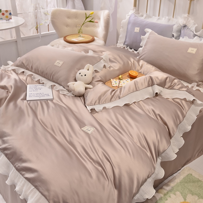 91家纺网 家纺一手货源 找家纺 艾米 2025新款水洗真丝雪纺花边揽梦系列四件套 香槟