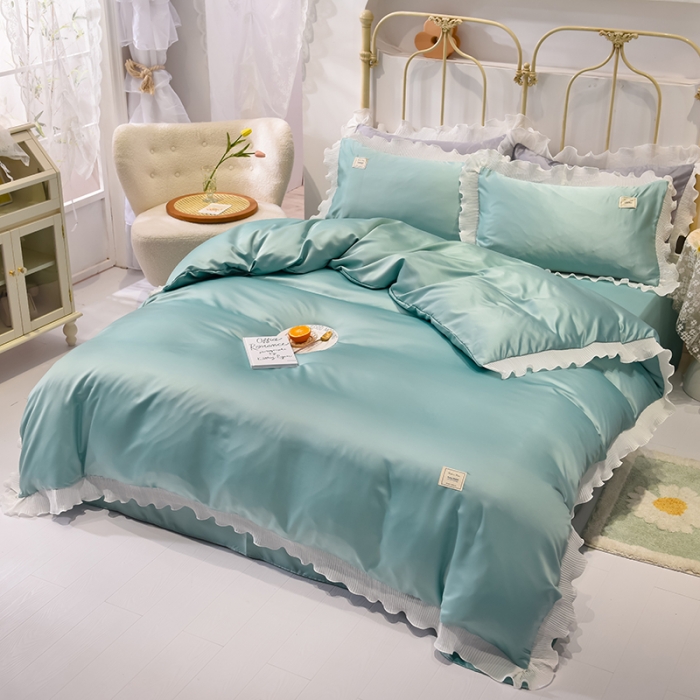 91家纺网 家纺一手货源 找家纺 艾米 2025新款水洗真丝雪纺花边揽梦系列四件套 绿