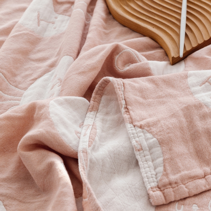 91家纺网 家纺一手货源 找家纺 朴尔家纺 新款加厚三层水洗棉全棉纱布毛巾被 灵动兔-粉