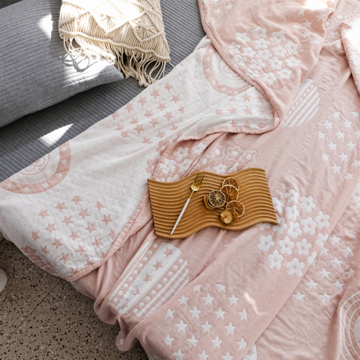 91家纺网 家纺一手货源 找家纺 朴尔家纺 新款加厚三层水洗棉全棉纱布毛巾被 星星点点-粉