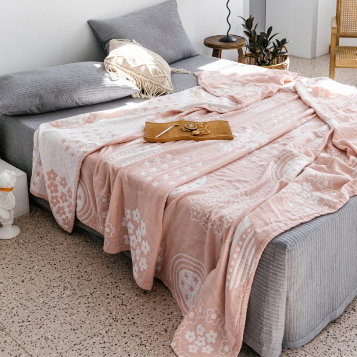 91家纺网 家纺一手货源 找家纺 朴尔家纺 新款加厚三层水洗棉全棉纱布毛巾被 星星点点-粉