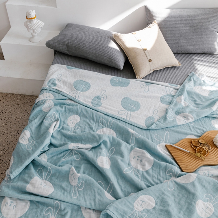 91家纺网 家纺一手货源 找家纺 朴尔家纺 新款加厚三层水洗棉全棉纱布毛巾被 灵动兔-兰