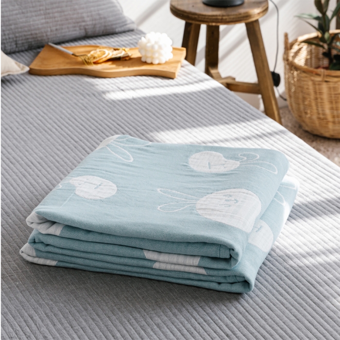 91家纺网 家纺一手货源 找家纺 朴尔家纺 新款加厚三层水洗棉全棉纱布毛巾被 灵动兔-兰