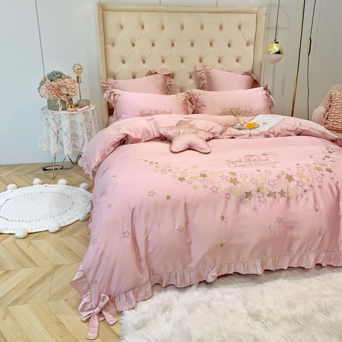 91家纺网 家纺一手货源 找家纺 （总）馨蕊家居 新款80S兰精天丝四件套-星愿-萝莉粉