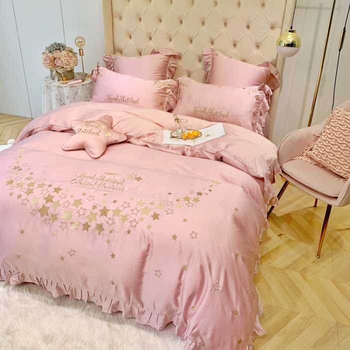 91家纺网 家纺一手货源 找家纺 （总）馨蕊家居 新款80S兰精天丝四件套-星愿-萝莉粉