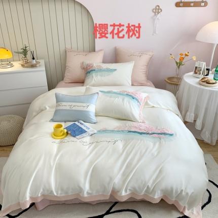 91家纺网 家纺一手货源 找家纺 （总）馨蕊家居 80S兰精天丝四件套-樱花树-月光白