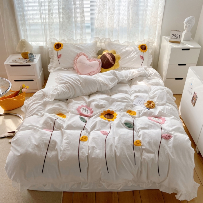 91家纺网 家纺一手货源 找家纺 淑女公社 2021新款全棉毛巾绣向日葵系列四件套 白色