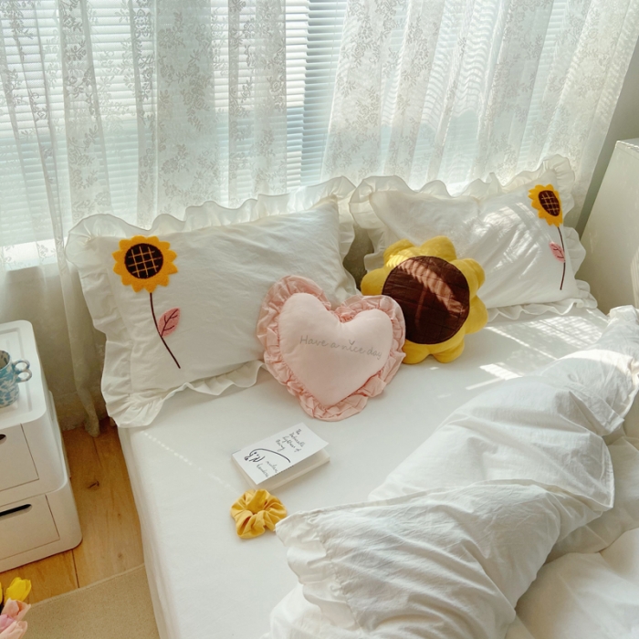 91家纺网 家纺一手货源 找家纺 淑女公社 2021新款全棉毛巾绣向日葵系列四件套 白色