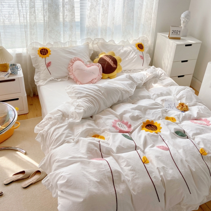 91家纺网 家纺一手货源 找家纺 淑女公社 2021新款全棉毛巾绣向日葵系列四件套 白色