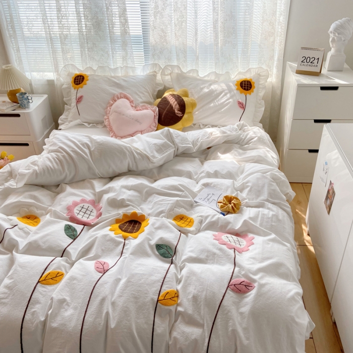 91家纺网 家纺一手货源 找家纺 淑女公社 2021新款全棉毛巾绣向日葵系列四件套 白色