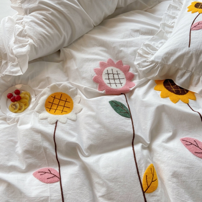 91家纺网 家纺一手货源 找家纺 淑女公社 2021新款全棉毛巾绣向日葵系列四件套 白色