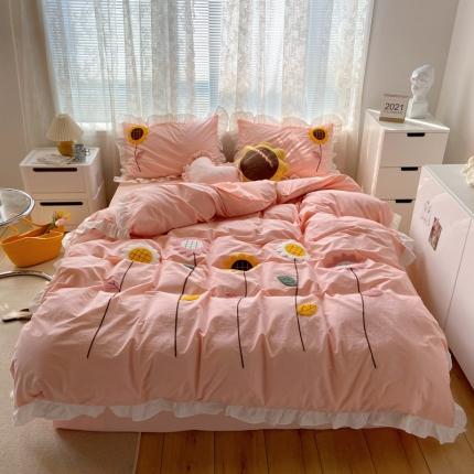 91家纺网 家纺一手货源 找家纺 淑女公社 2021新款全棉毛巾绣向日葵系列四件套 粉色