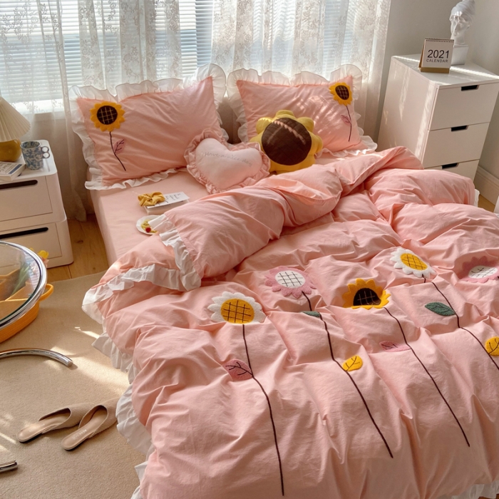 91家纺网 家纺一手货源 找家纺 淑女公社 2021新款全棉毛巾绣向日葵系列四件套 粉色