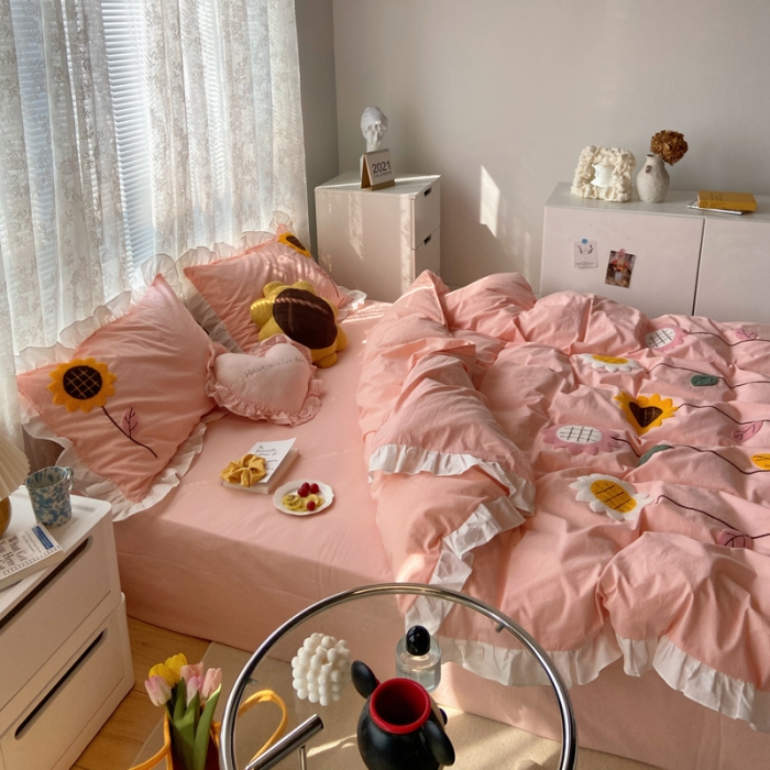 91家纺网 家纺一手货源 找家纺 淑女公社 2021新款全棉毛巾绣向日葵系列四件套 粉色