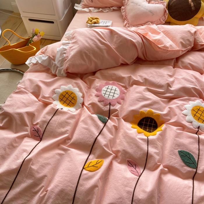 91家纺网 家纺一手货源 找家纺 淑女公社 2021新款全棉毛巾绣向日葵系列四件套 粉色