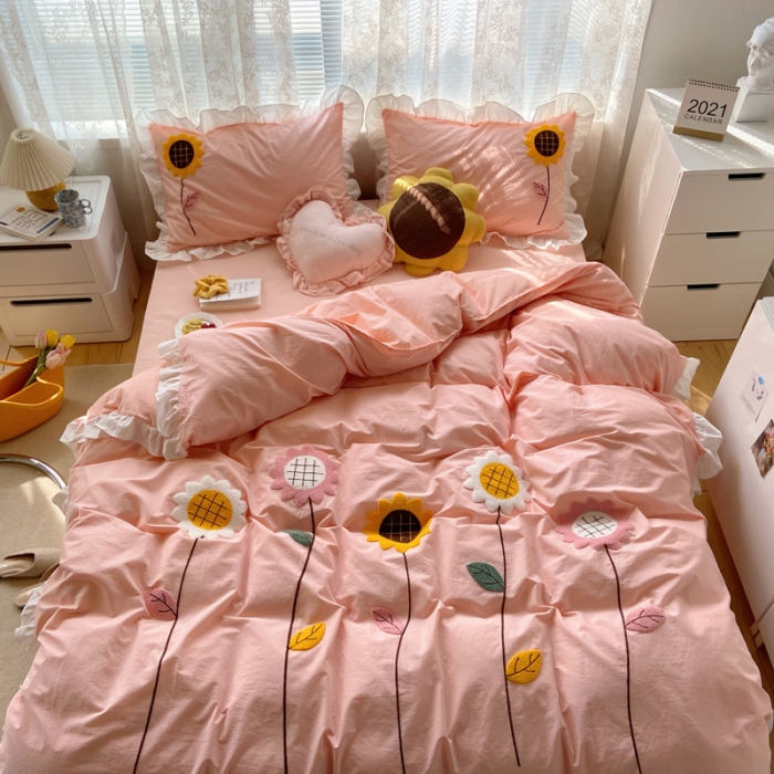 91家纺网 家纺一手货源 找家纺 淑女公社 2021新款全棉毛巾绣向日葵系列四件套 粉色