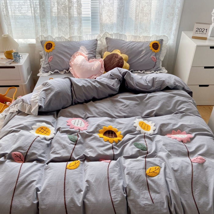 91家纺网 家纺一手货源 找家纺 淑女公社 2021新款全棉毛巾绣向日葵系列四件套 灰色