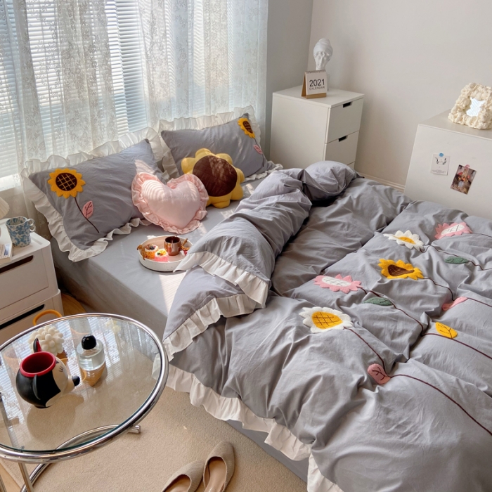 91家纺网 家纺一手货源 找家纺 淑女公社 2021新款全棉毛巾绣向日葵系列四件套 灰色