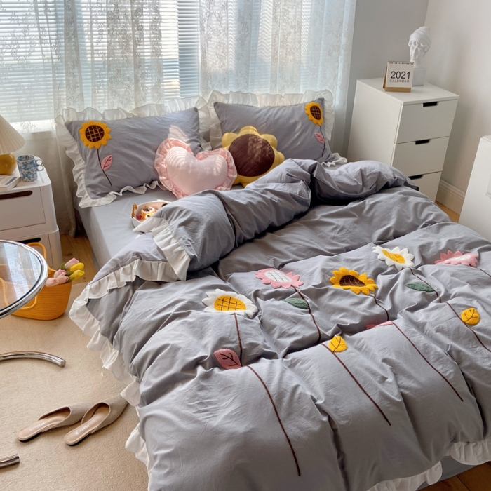 91家纺网 家纺一手货源 找家纺 淑女公社 2021新款全棉毛巾绣向日葵系列四件套 灰色