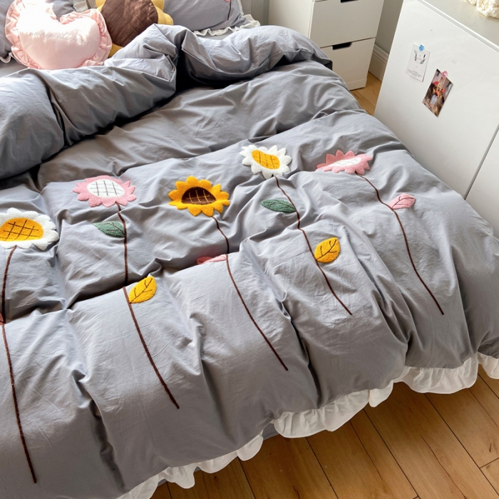 91家纺网 家纺一手货源 找家纺 淑女公社 2021新款全棉毛巾绣向日葵系列四件套 灰色