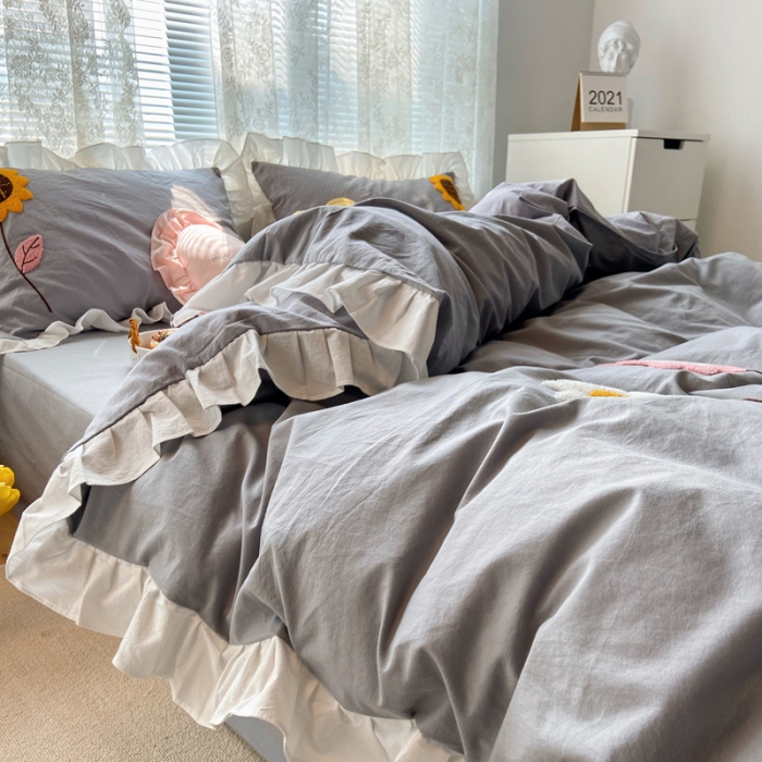 91家纺网 家纺一手货源 找家纺 淑女公社 2021新款全棉毛巾绣向日葵系列四件套 灰色