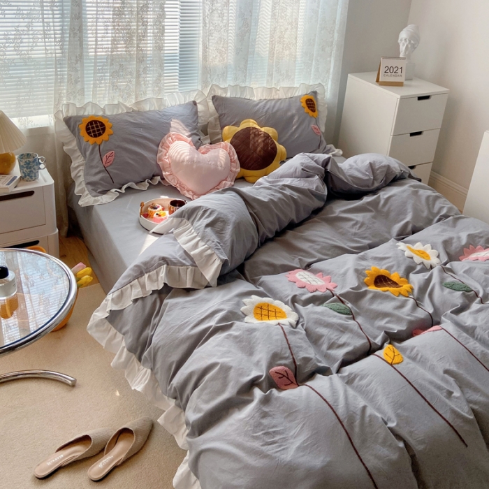 91家纺网 家纺一手货源 找家纺 淑女公社 2021新款全棉毛巾绣向日葵系列四件套 灰色