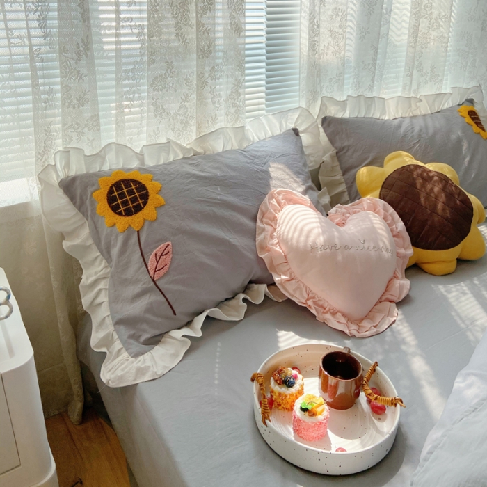 91家纺网 家纺一手货源 找家纺 淑女公社 2021新款全棉毛巾绣向日葵系列四件套 灰色