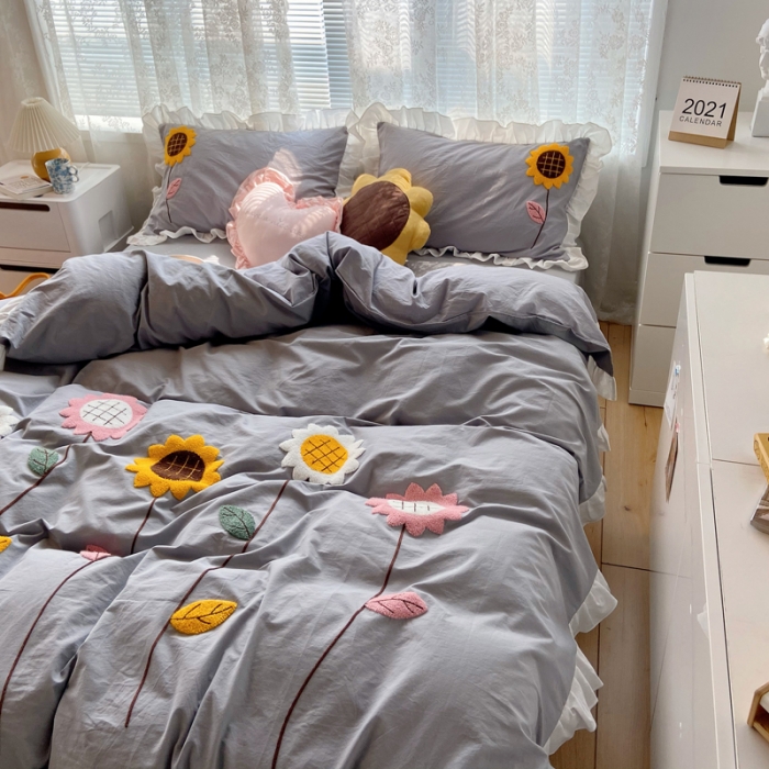91家纺网 家纺一手货源 找家纺 淑女公社 2021新款全棉毛巾绣向日葵系列四件套 灰色
