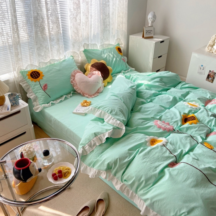 91家纺网 家纺一手货源 找家纺 淑女公社 2021新款全棉毛巾绣向日葵系列四件套 绿色