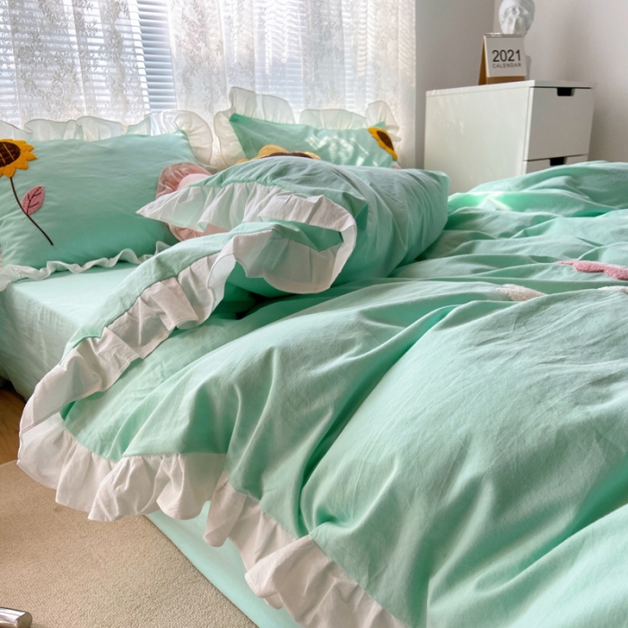 91家纺网 家纺一手货源 找家纺 淑女公社 2021新款全棉毛巾绣向日葵系列四件套 绿色