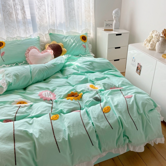 91家纺网 家纺一手货源 找家纺 淑女公社 2021新款全棉毛巾绣向日葵系列四件套 绿色