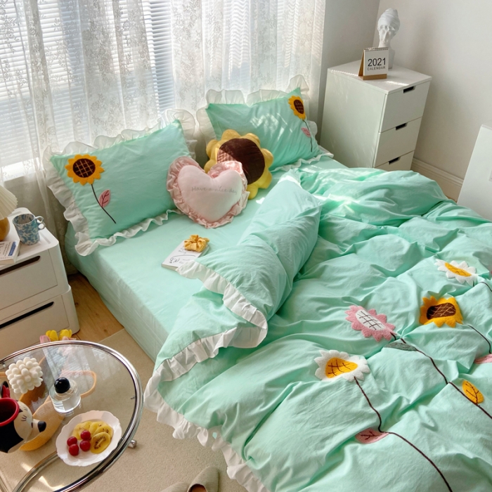 91家纺网 家纺一手货源 找家纺 淑女公社 2021新款全棉毛巾绣向日葵系列四件套 绿色