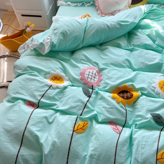 91家纺网 家纺一手货源 找家纺 淑女公社 2021新款全棉毛巾绣向日葵系列四件套 绿色