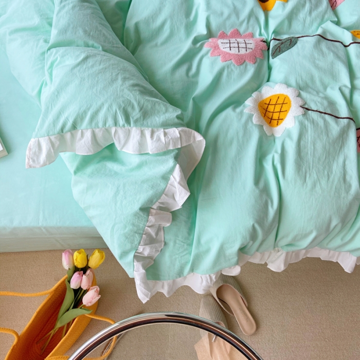 91家纺网 家纺一手货源 找家纺 淑女公社 2021新款全棉毛巾绣向日葵系列四件套 绿色