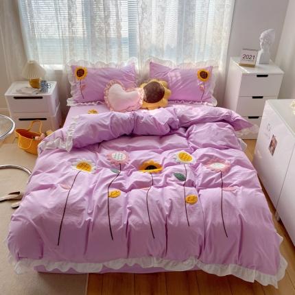 91家纺网 家纺一手货源 找家纺 淑女公社 2021新款全棉毛巾绣向日葵系列四件套 紫色