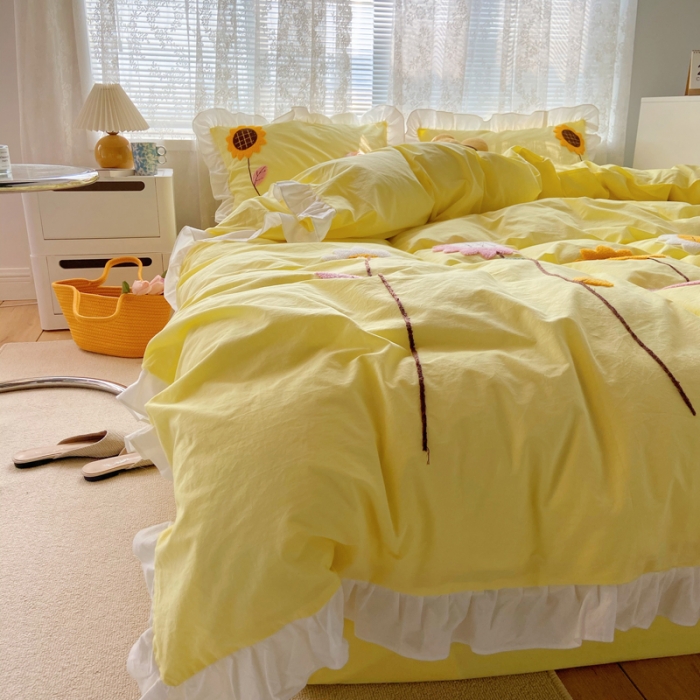 91家纺网 家纺一手货源 找家纺 淑女公社 2021新款全棉毛巾绣向日葵系列四件套 黄色