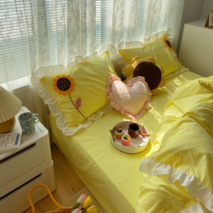 91家纺网 家纺一手货源 找家纺 淑女公社 2021新款全棉毛巾绣向日葵系列四件套 黄色