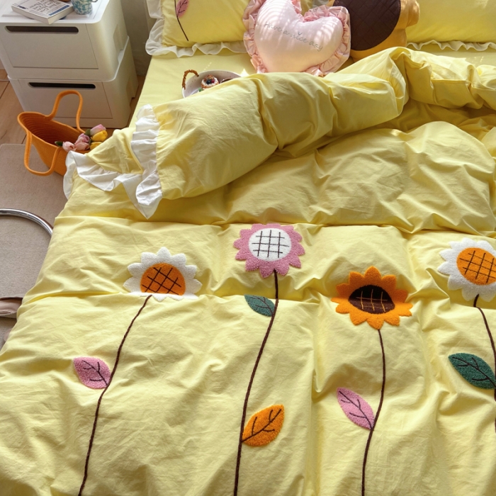 91家纺网 家纺一手货源 找家纺 淑女公社 2021新款全棉毛巾绣向日葵系列四件套 黄色