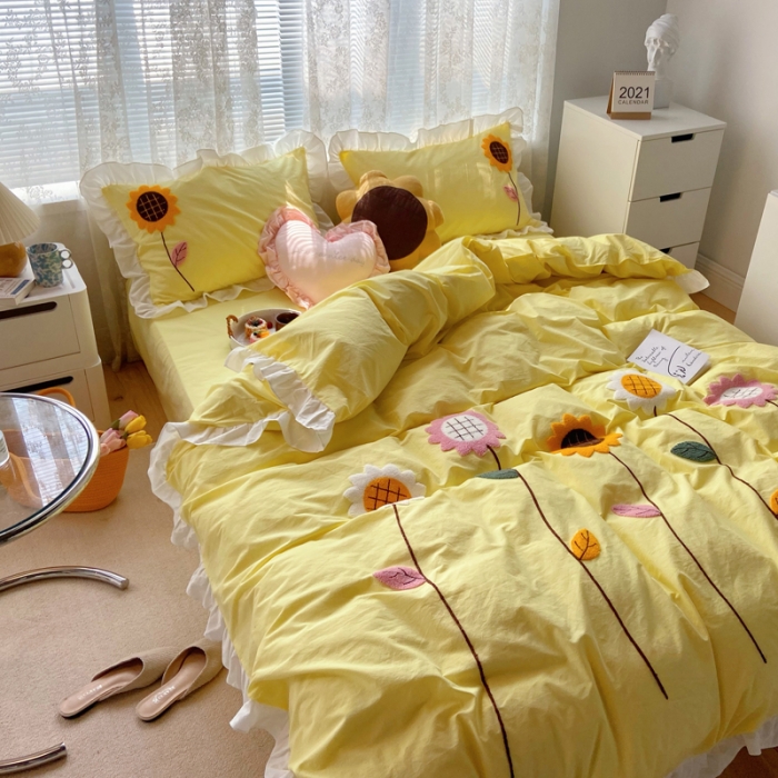 91家纺网 家纺一手货源 找家纺 淑女公社 2021新款全棉毛巾绣向日葵系列四件套 黄色