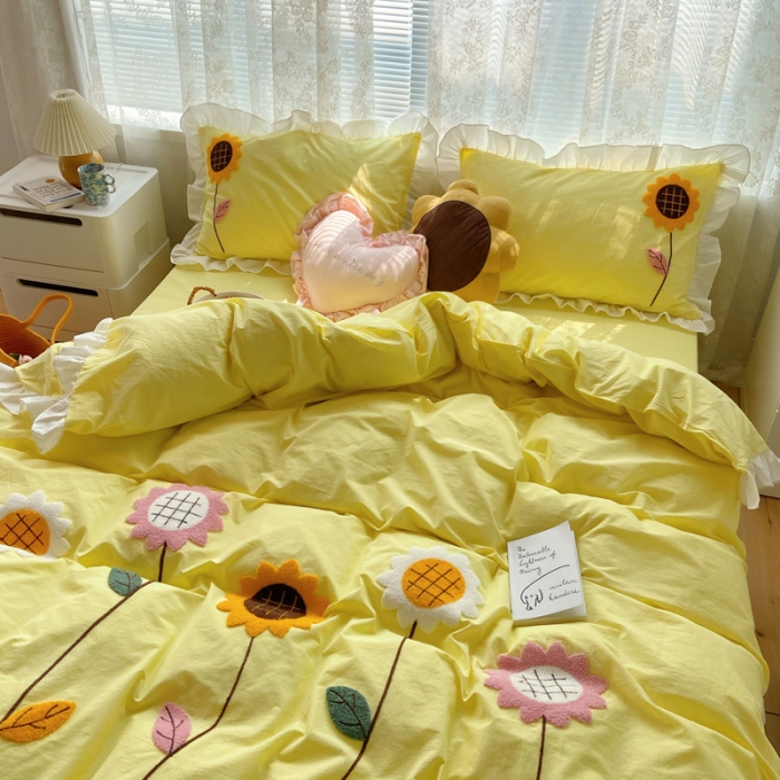 91家纺网 家纺一手货源 找家纺 淑女公社 2021新款全棉毛巾绣向日葵系列四件套 黄色