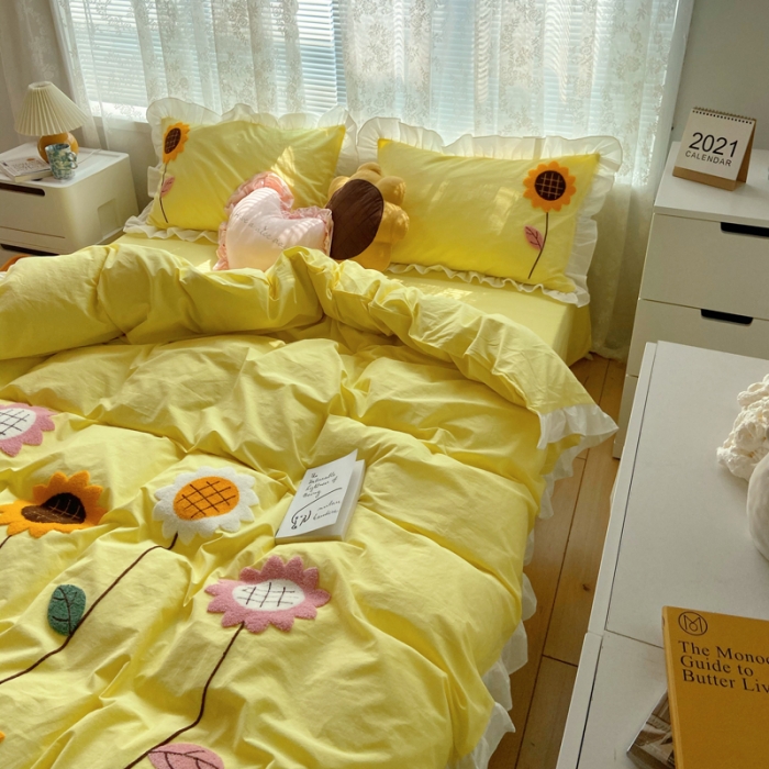 91家纺网 家纺一手货源 找家纺 淑女公社 2021新款全棉毛巾绣向日葵系列四件套 黄色