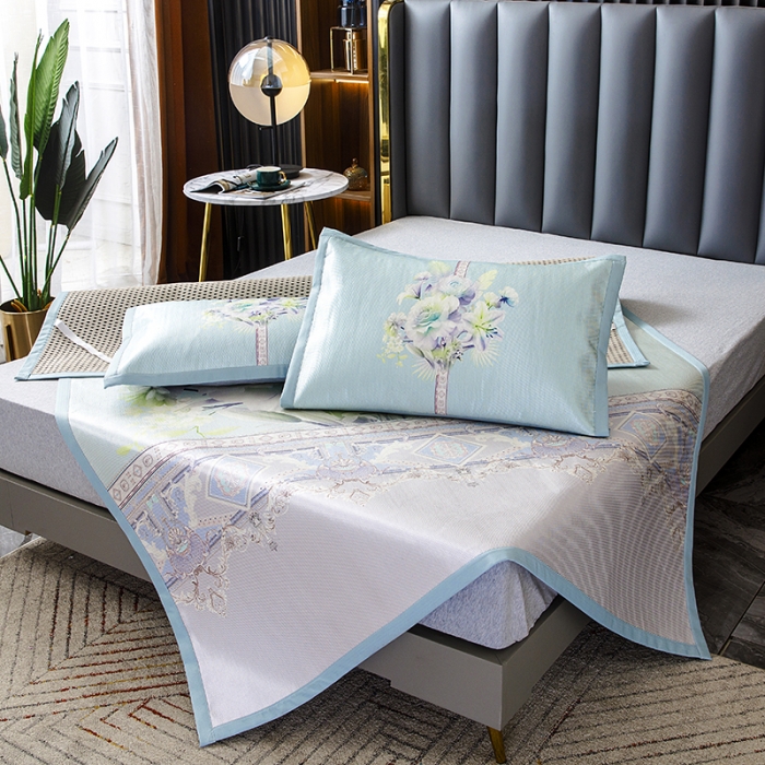 91家纺网 家纺一手货源 找家纺 小芽家居 2024新款冰丝斜纹提花凉席三件套 花开半夏