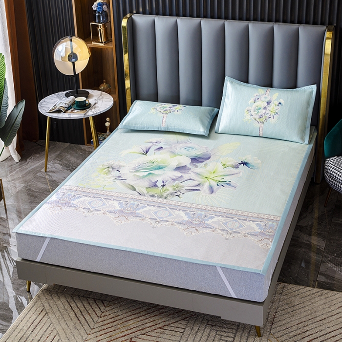 91家纺网 家纺一手货源 找家纺 小芽家居 2024新款冰丝斜纹提花凉席三件套 花开半夏