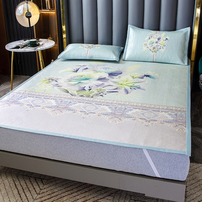 91家纺网 家纺一手货源 找家纺 小芽家居 2024新款冰丝斜纹提花凉席三件套 花开半夏