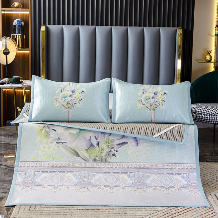 91家纺网 家纺一手货源 找家纺 小芽家居 2024新款冰丝斜纹提花凉席三件套 花开半夏