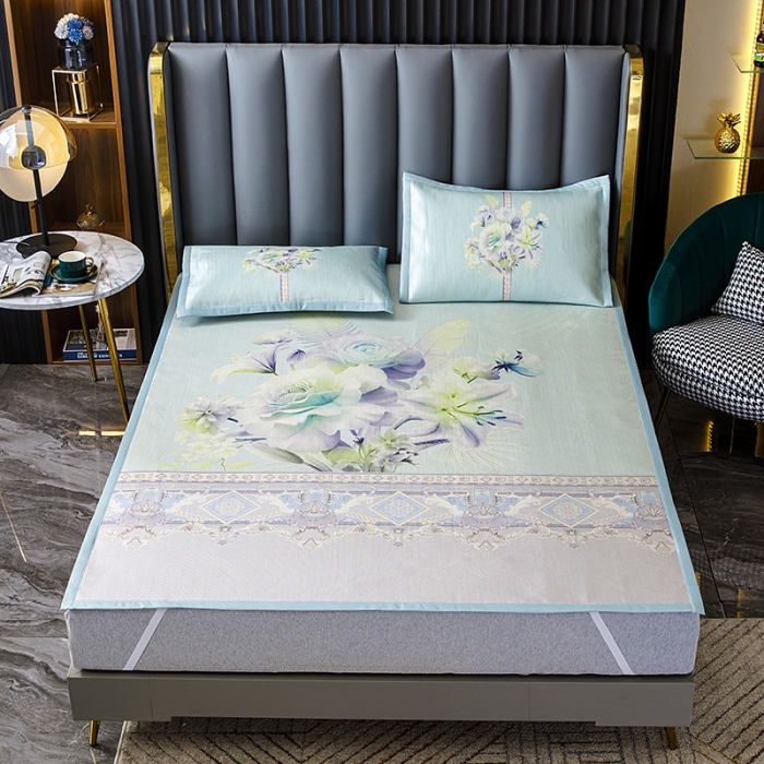 91家纺网 家纺一手货源 找家纺 小芽家居 2024新款冰丝斜纹提花凉席三件套 花开半夏